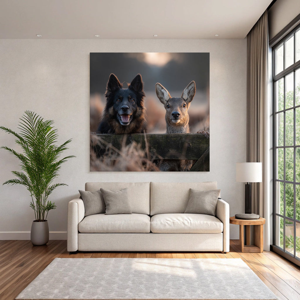 Hund Und Reh Freunde Beim Goldenen Stundenlicht