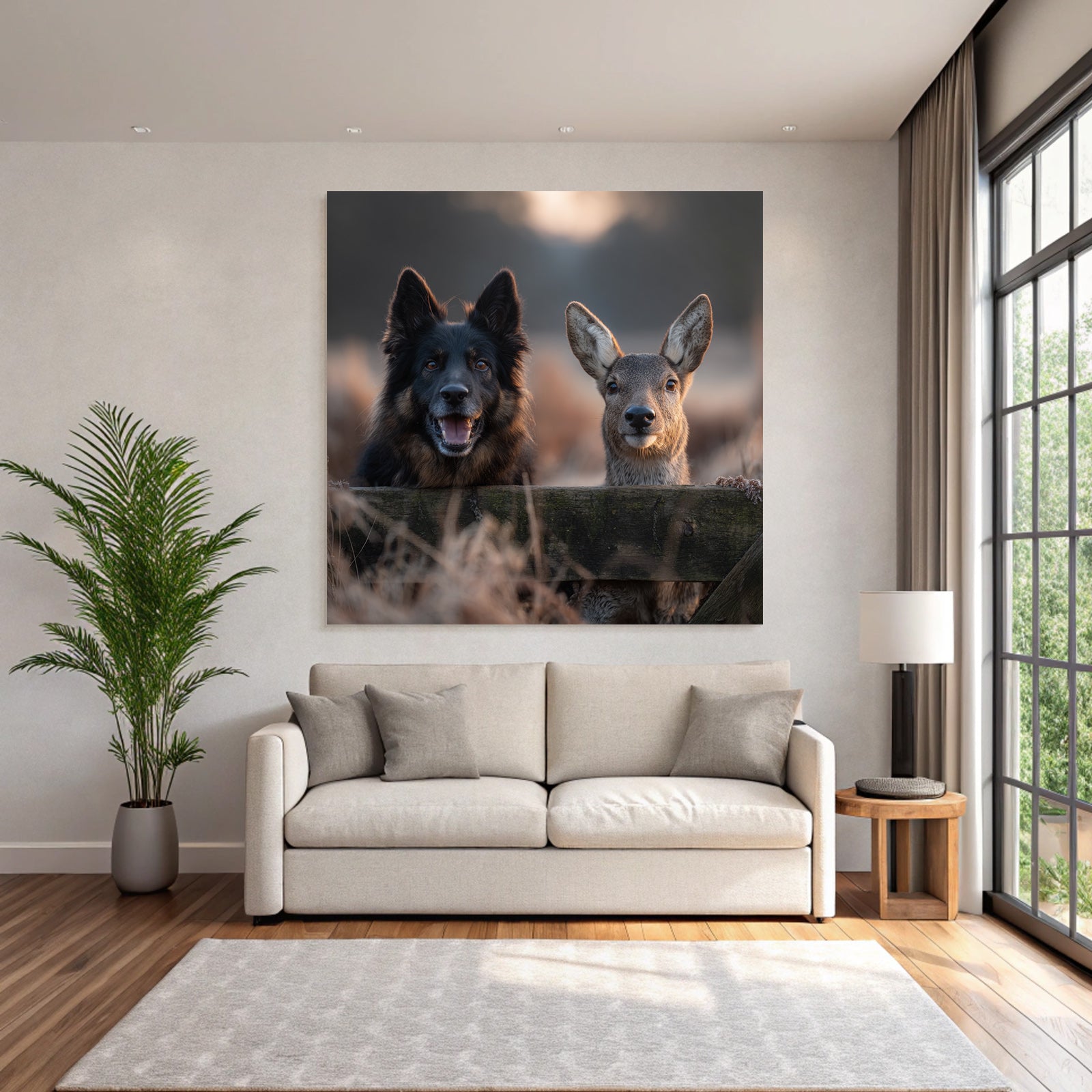 Hund Und Reh Freunde Beim Goldenen Stundenlicht
