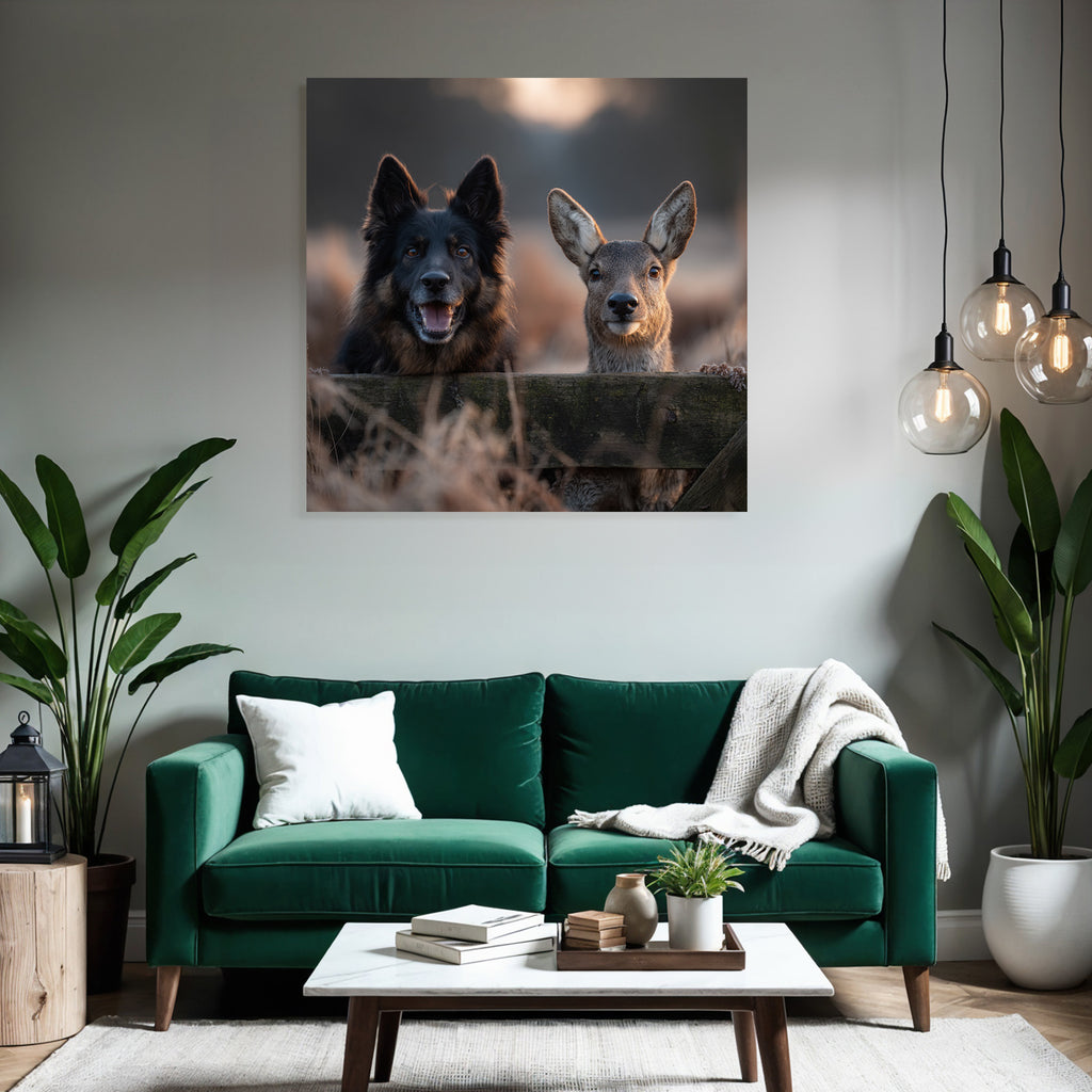 Hund Und Reh Freunde Beim Goldenen Stundenlicht