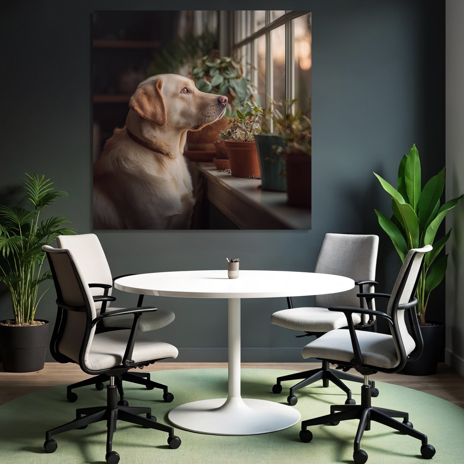 Labrador Retriever Am Fenster Mit Topfpflanzen Frühling Morgenlicht