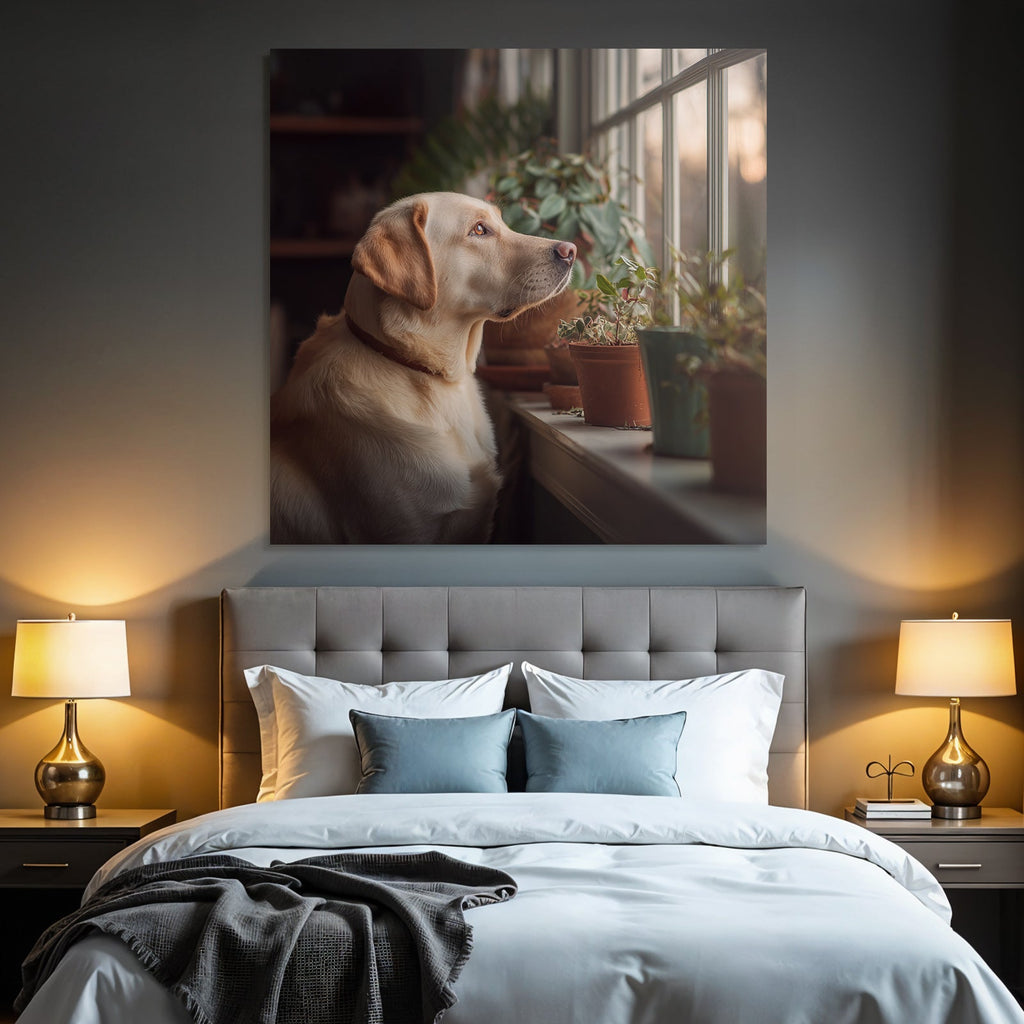 Labrador Retriever Am Fenster Mit Topfpflanzen Frühling Morgenlicht