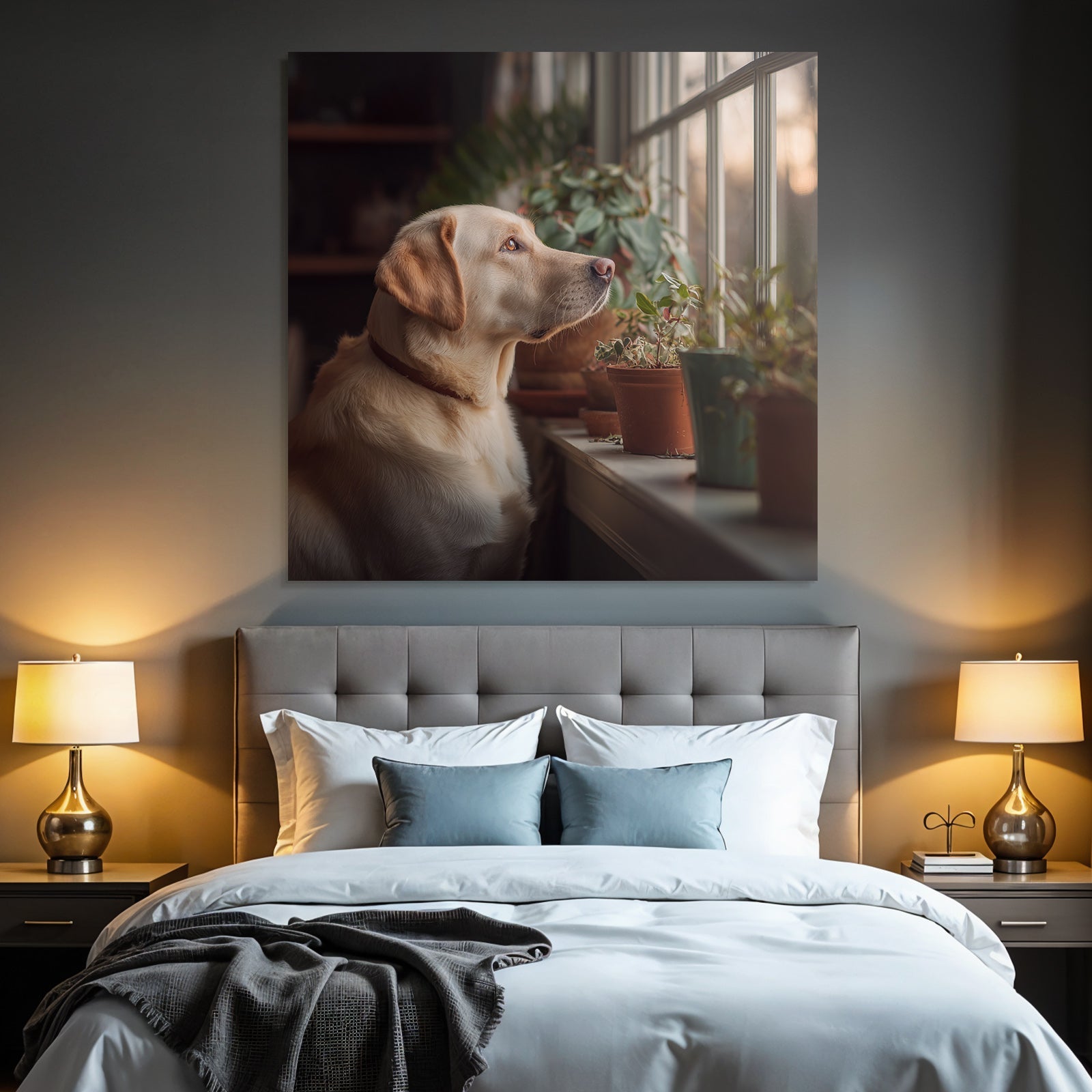 Labrador Retriever Am Fenster Mit Topfpflanzen Frühling Morgenlicht