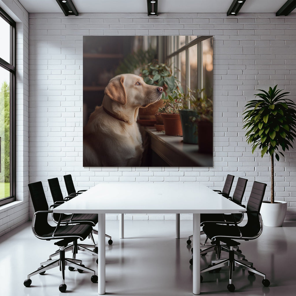 Labrador Retriever Am Fenster Mit Topfpflanzen Frühling Morgenlicht