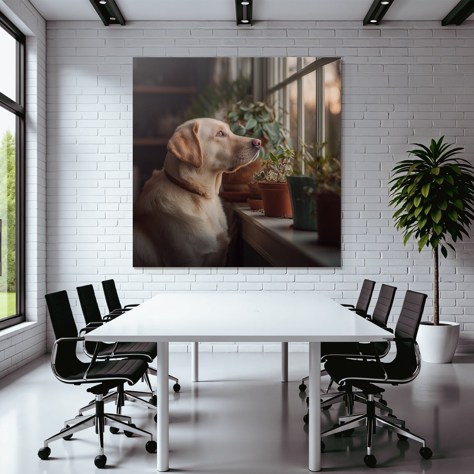 Labrador Retriever Am Fenster Mit Topfpflanzen Frühling Morgenlicht