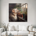 Labrador Retriever Am Fenster Mit Topfpflanzen Frühling Morgenlicht