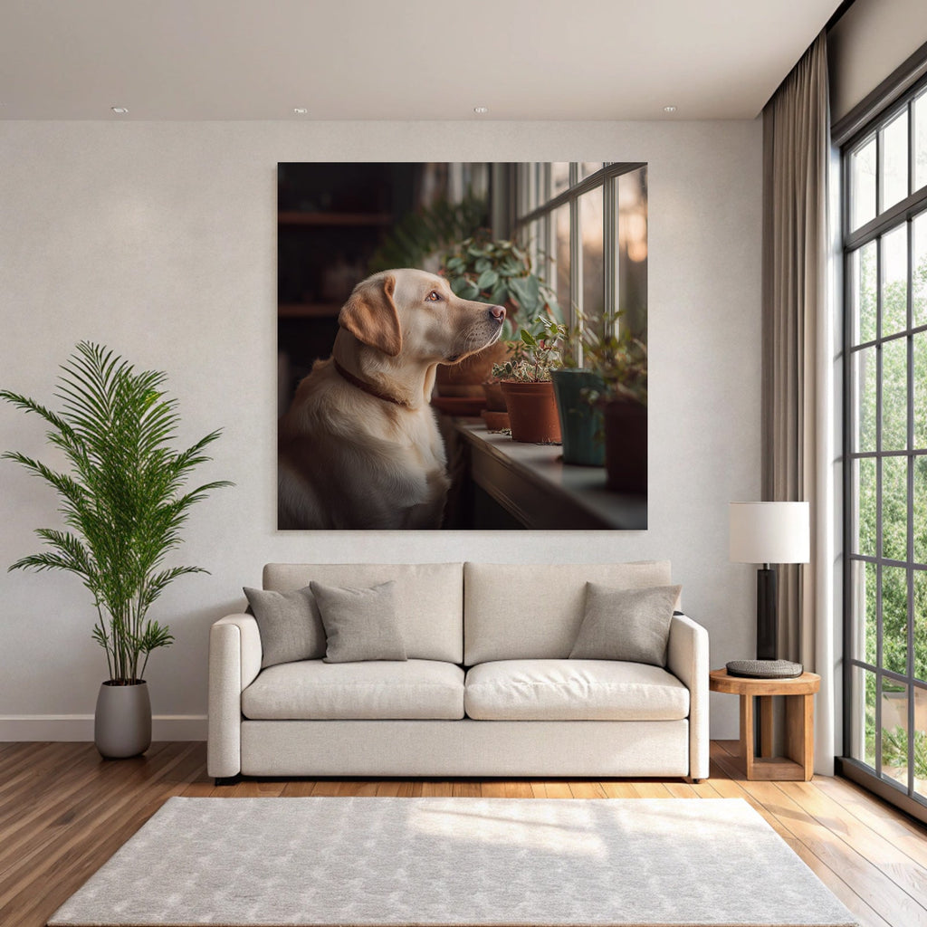 Labrador Retriever Am Fenster Mit Topfpflanzen Frühling Morgenlicht
