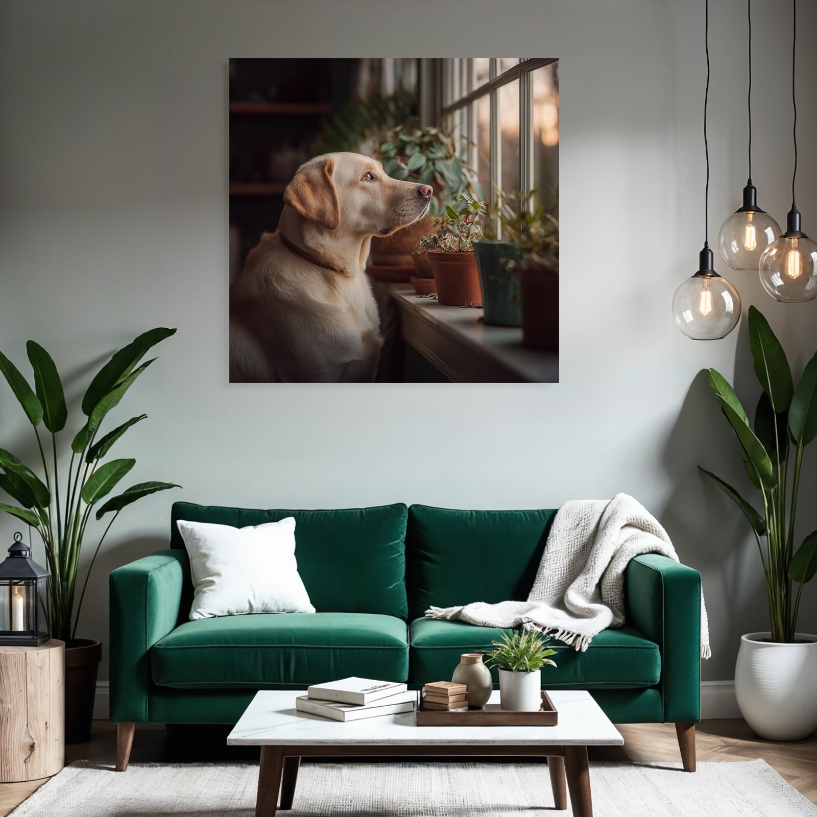 Labrador Retriever Am Fenster Mit Topfpflanzen Frühling Morgenlicht