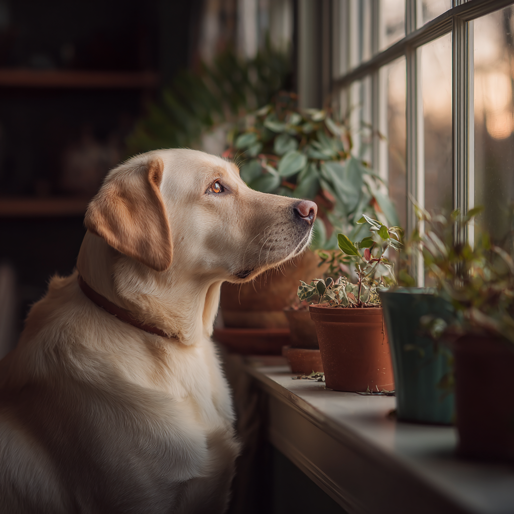 Labrador Retriever Am Fenster Mit Topfpflanzen Frühling Morgenlicht | Katzen und Hunde | Tiere