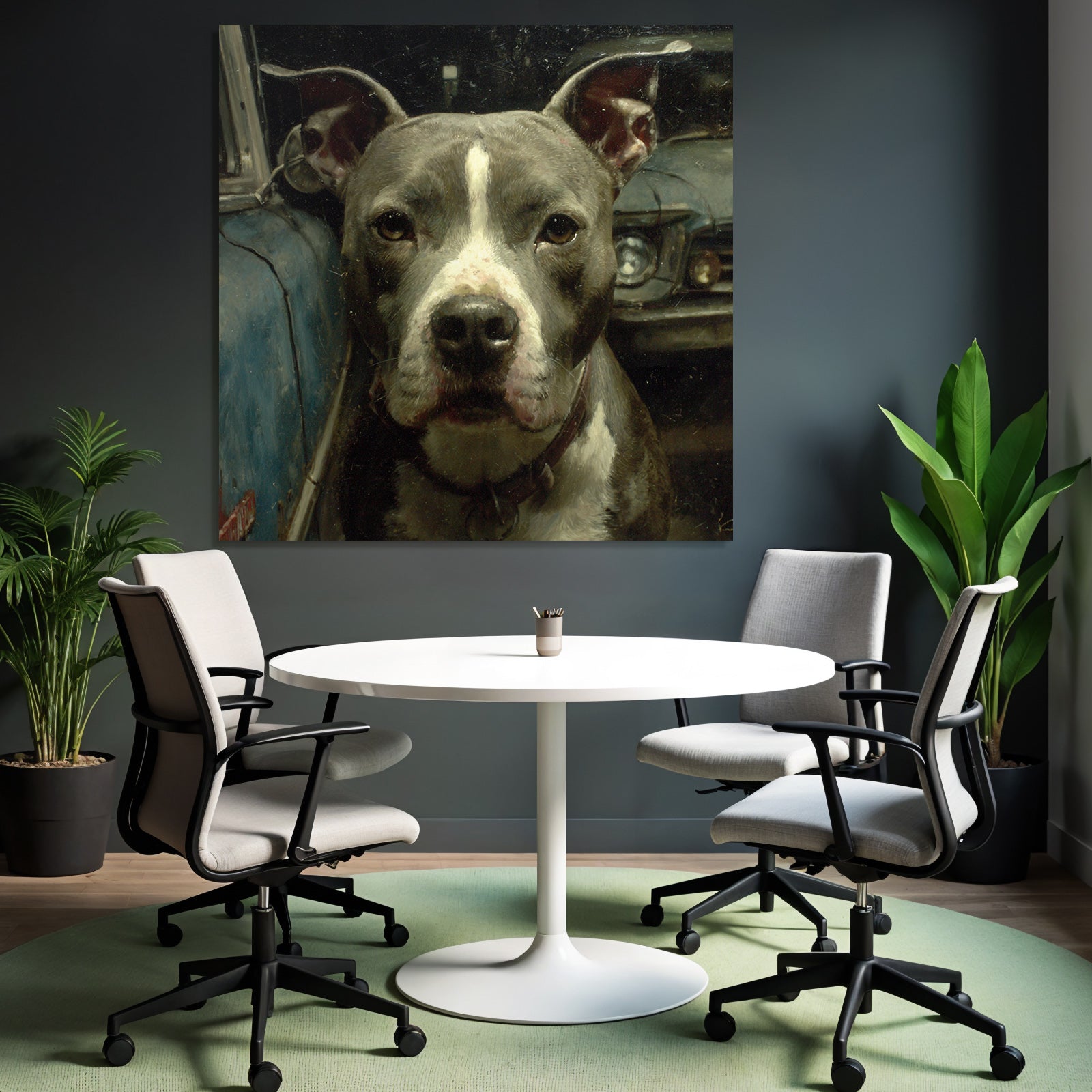 Pitbull Mit Altem Auto Kunstwerk