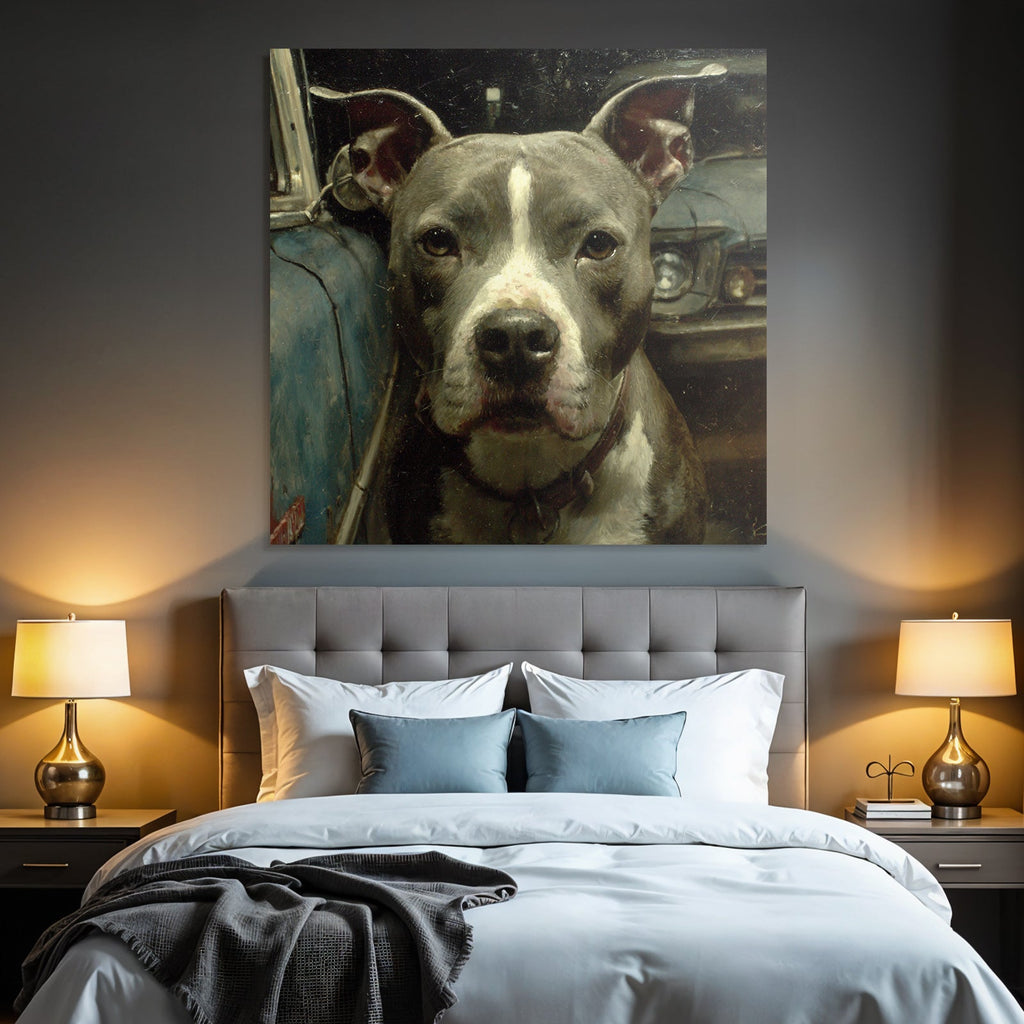 Pitbull Mit Altem Auto Kunstwerk