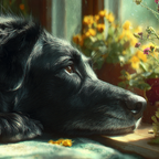 Schwarzer Hund In Der Sonne Mit Blumen Neben Fenster | Katzen und Hunde | Tiere