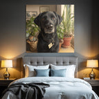 Schwarzer Hund In Einem Gemütlichen Zimmer Mit Pflanzen Und Kunst