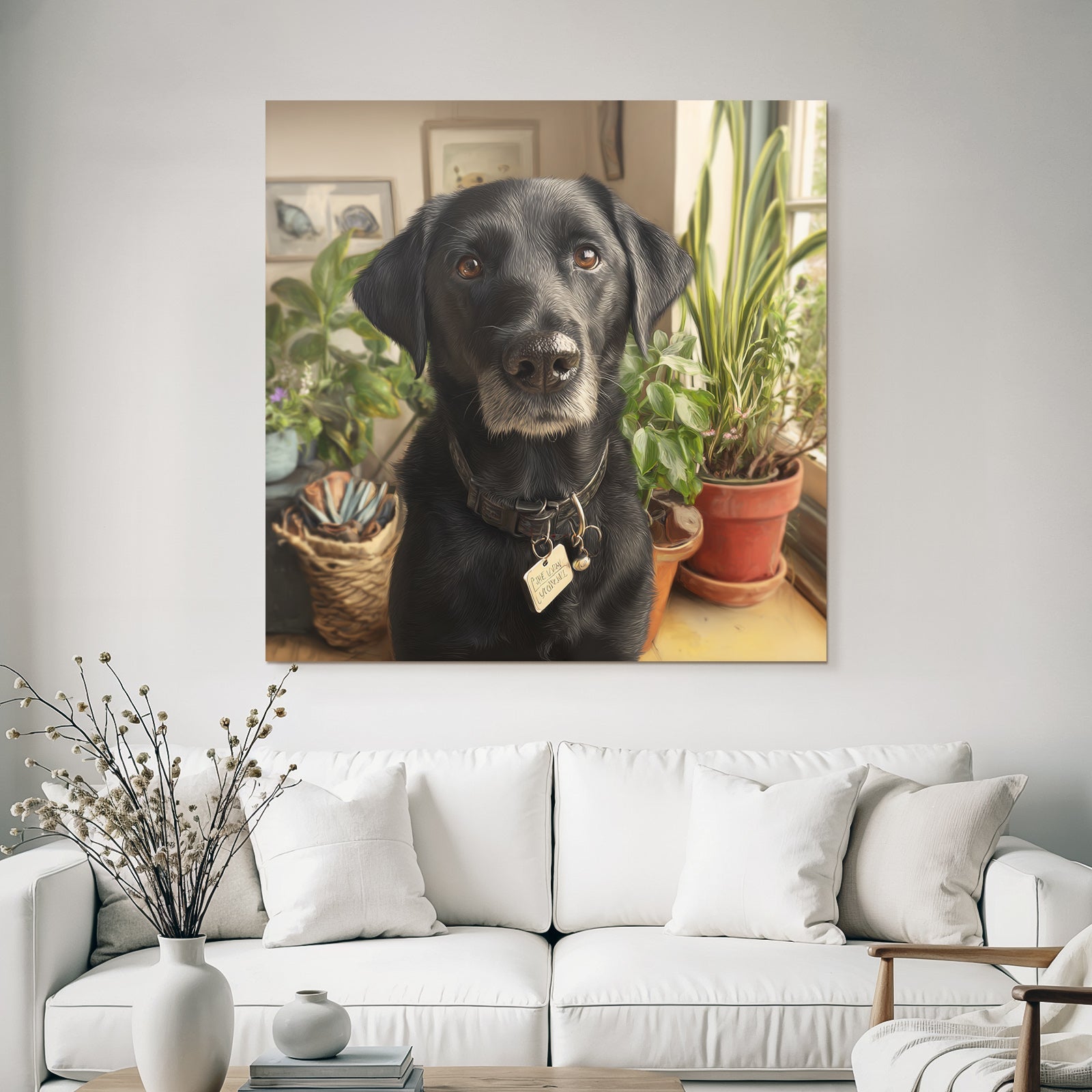 Schwarzer Hund In Einem Gemütlichen Zimmer Mit Pflanzen Und Kunst