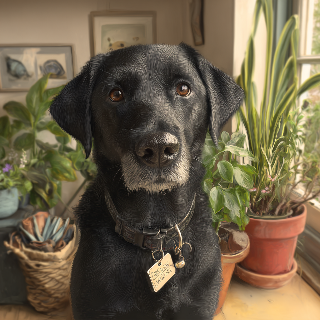 Schwarzer Hund In Einem Gemütlichen Zimmer Mit Pflanzen Und Kunst | Katzen und Hunde | Tiere