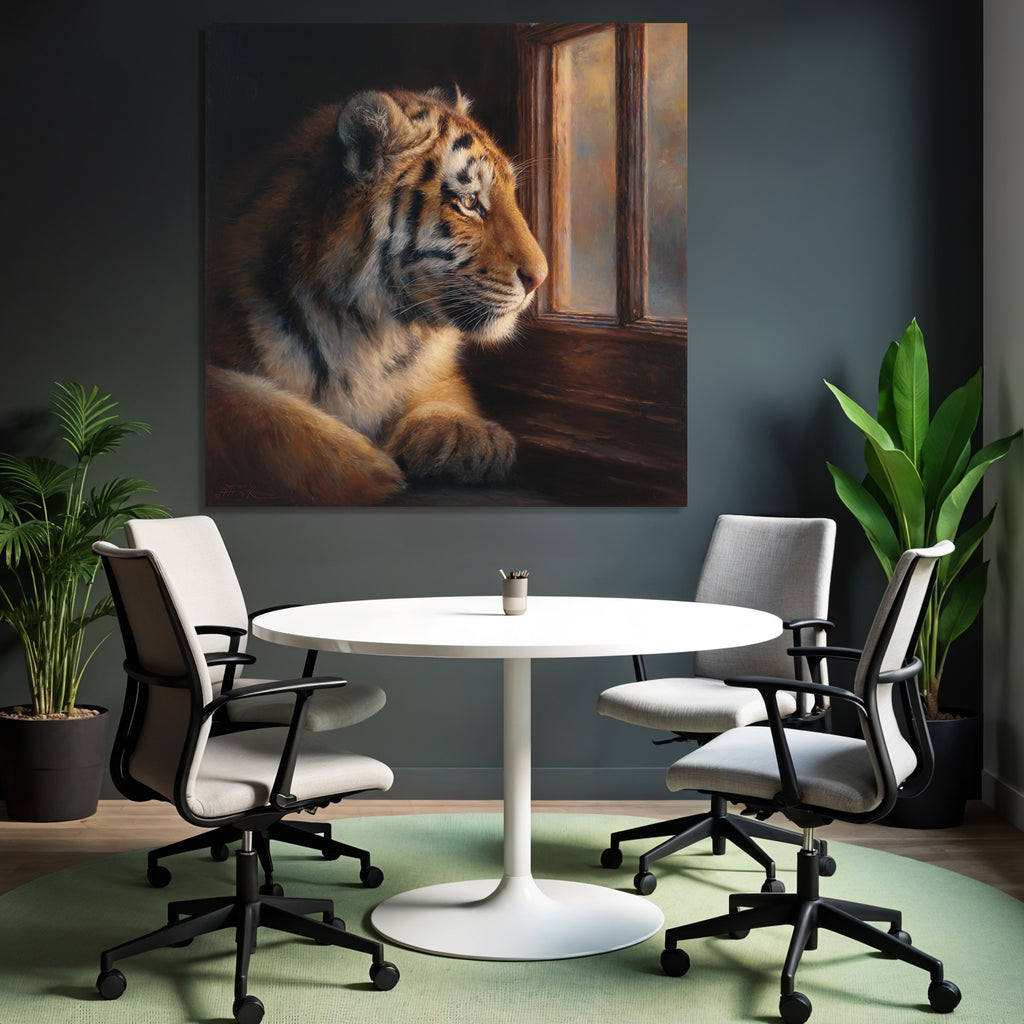 Tiger Blickt Aus Dem Fenster Fur Details Starke Atmosphäre