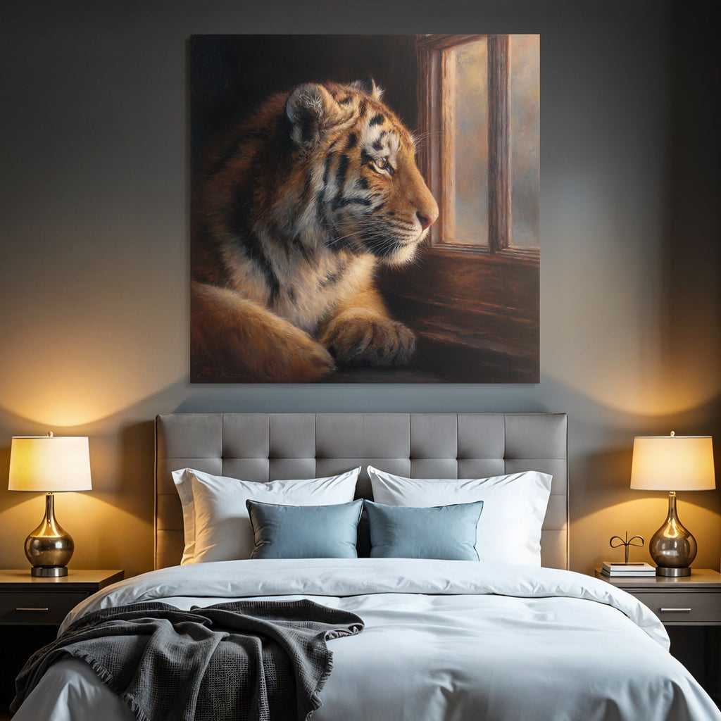 Tiger Blickt Aus Dem Fenster Fur Details Starke Atmosphäre