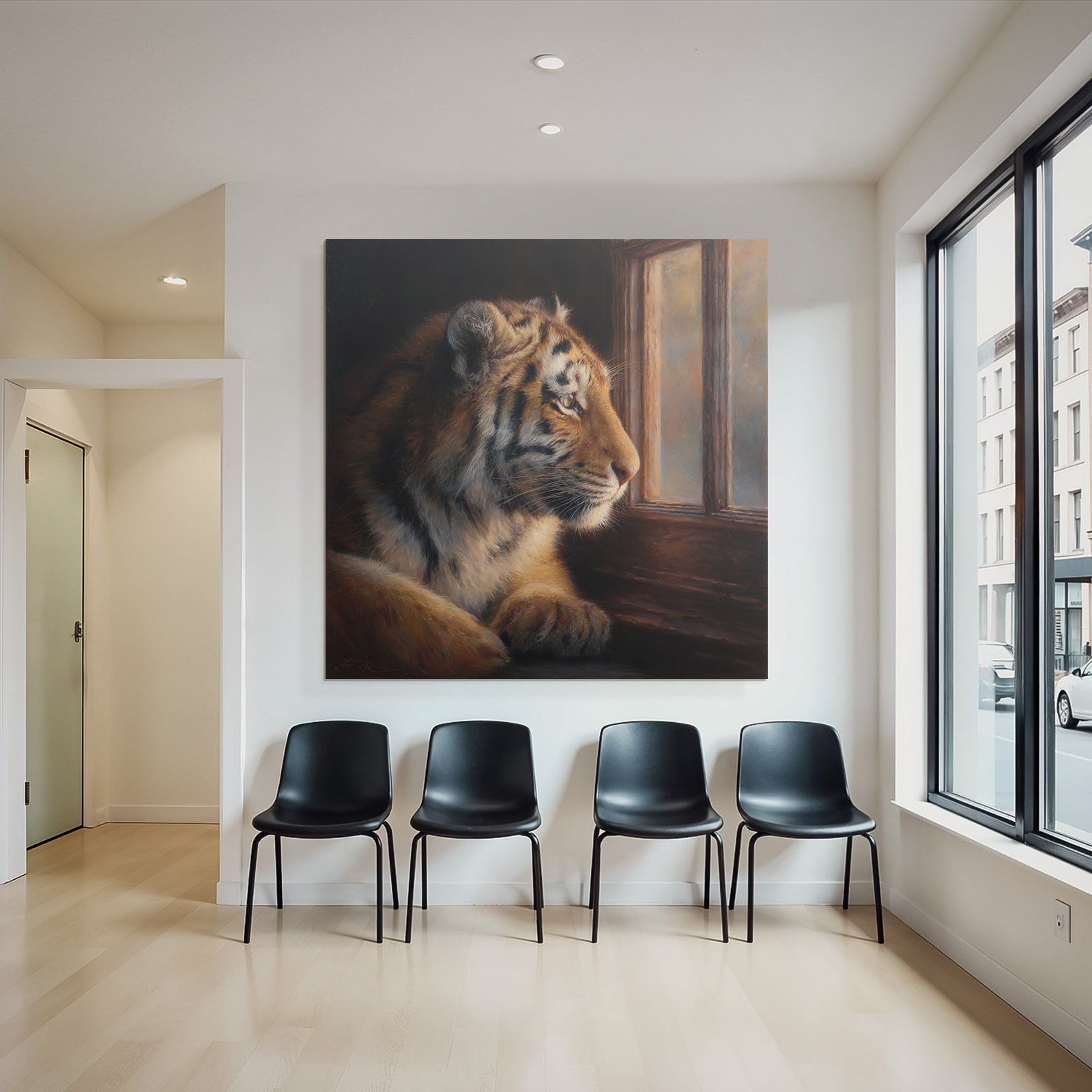 Tiger Blickt Aus Dem Fenster Fur Details Starke Atmosphäre