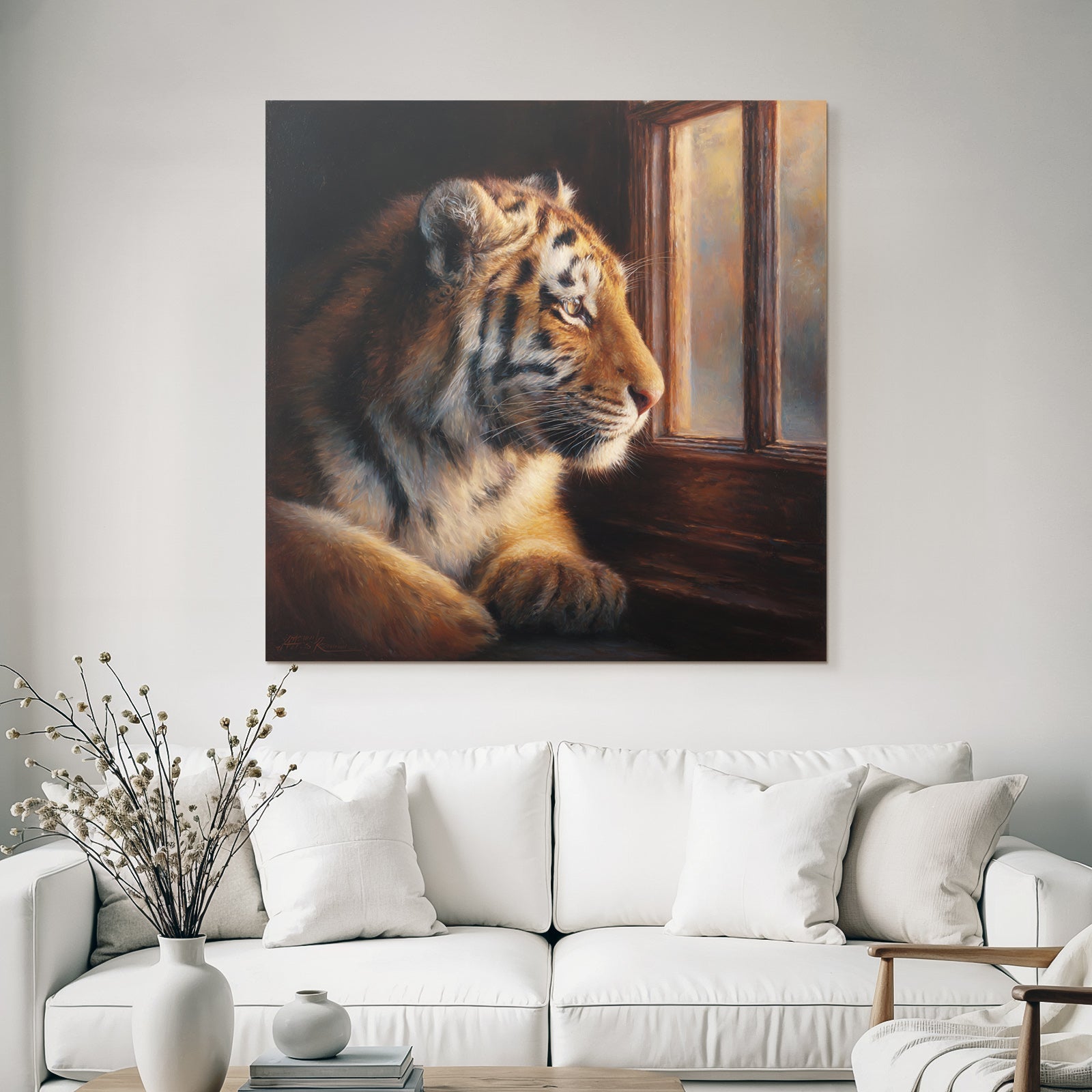 Tiger Blickt Aus Dem Fenster Fur Details Starke Atmosphäre
