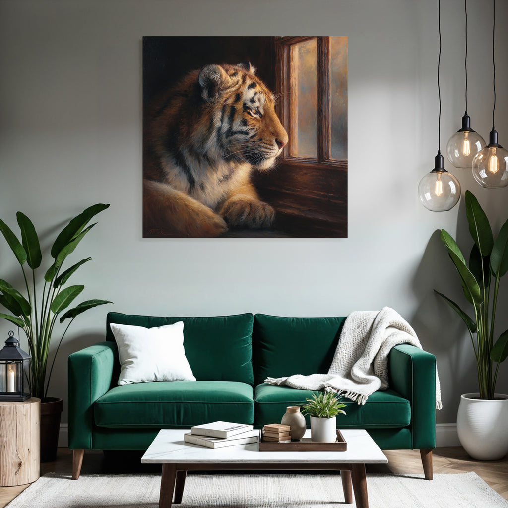 Tiger Blickt Aus Dem Fenster Fur Details Starke Atmosphäre