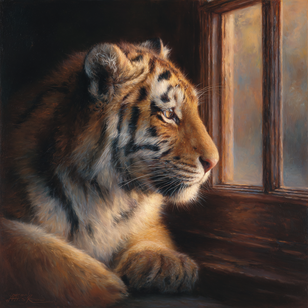 Tiger Blickt Aus Dem Fenster Fur Details Starke Atmosphäre | Katzen und Hunde | Tiere