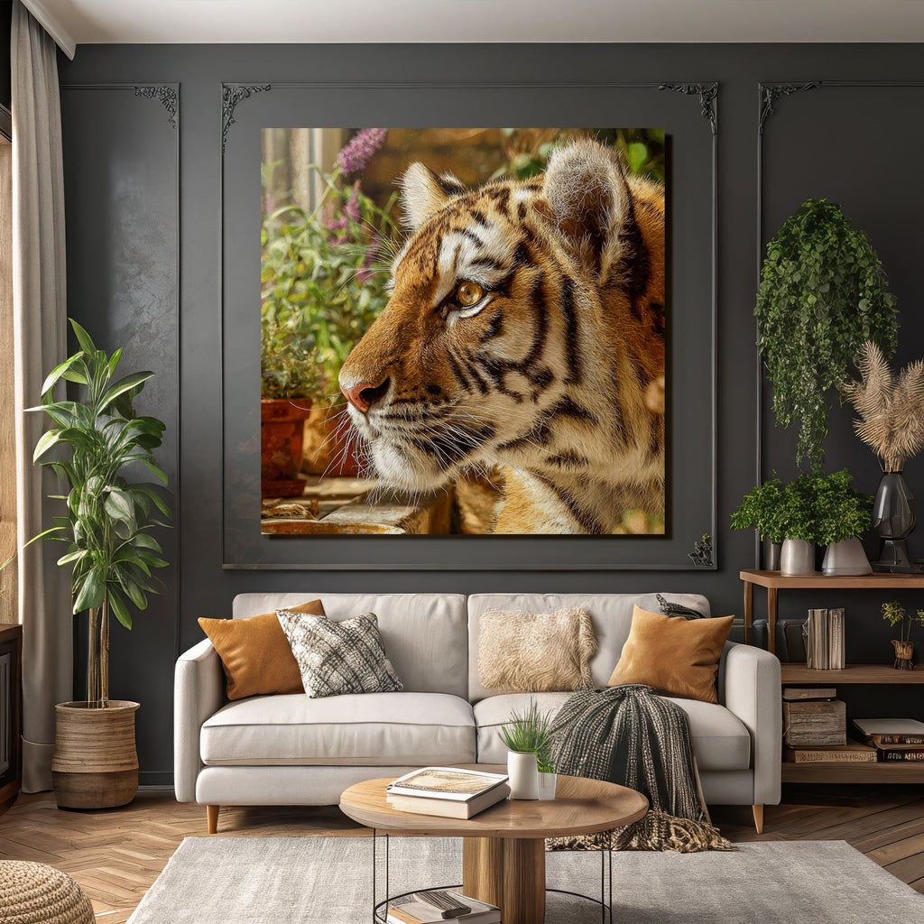 Tiger Porträt Mit Streifen Und Grünen Pflanzen
