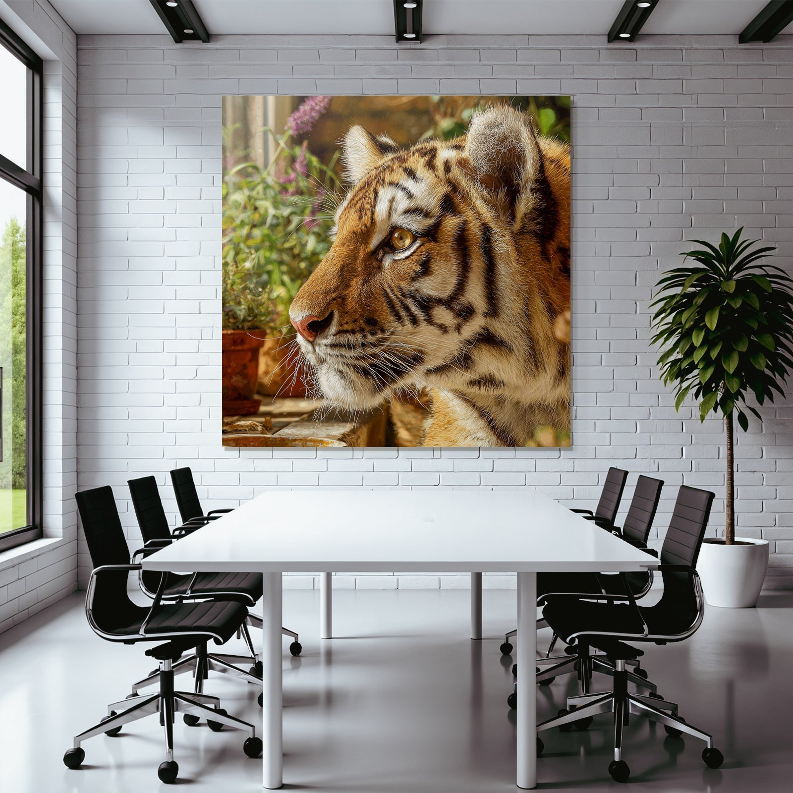 Tiger Porträt Mit Streifen Und Grünen Pflanzen