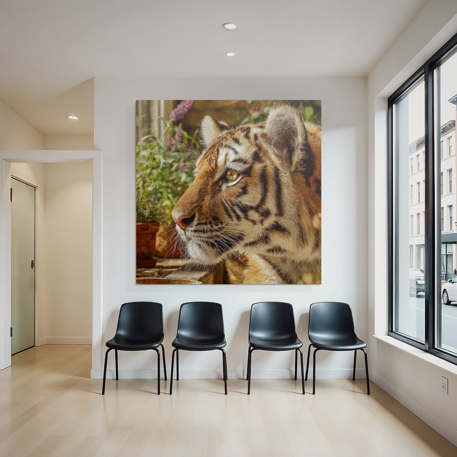 Tiger Porträt Mit Streifen Und Grünen Pflanzen