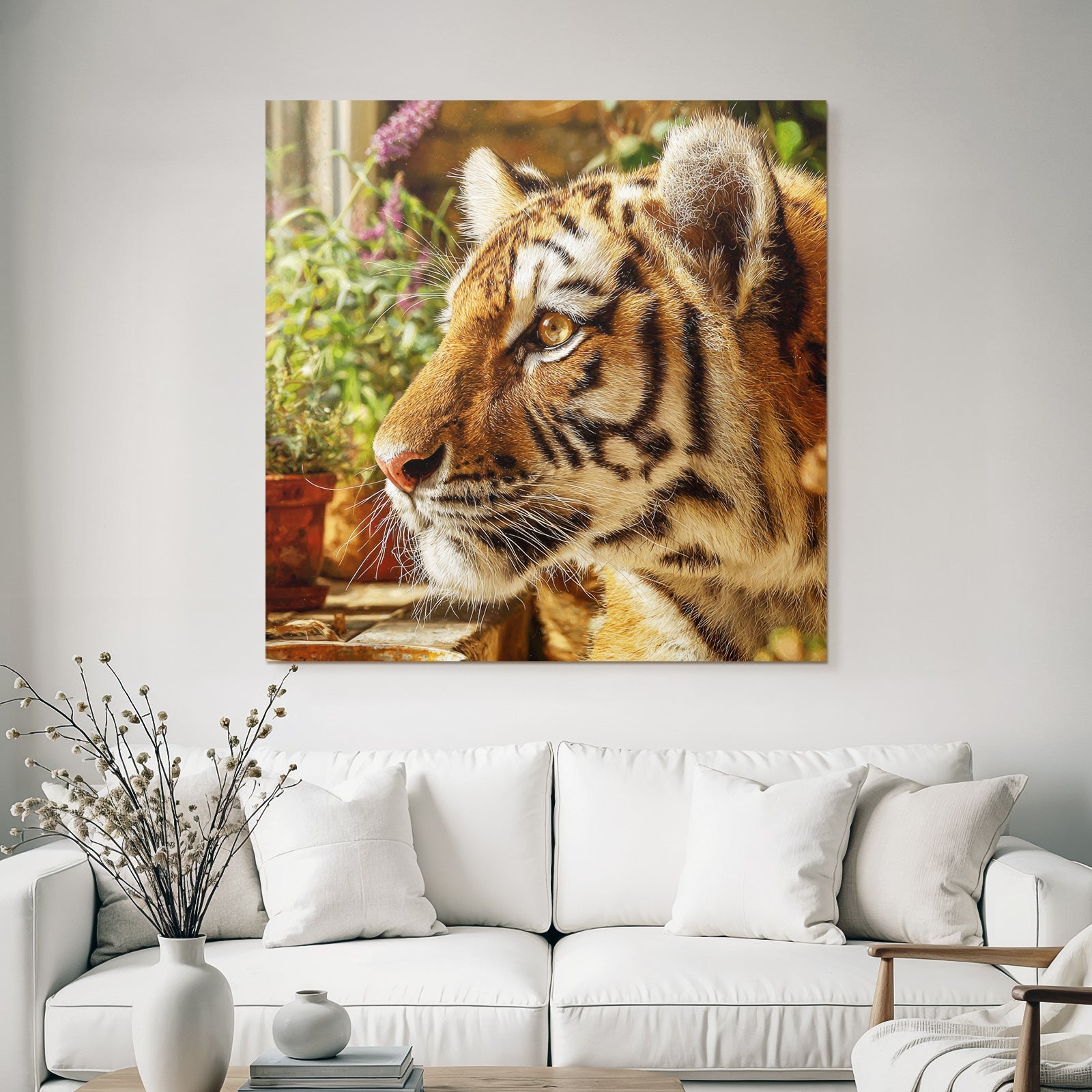Tiger Porträt Mit Streifen Und Grünen Pflanzen