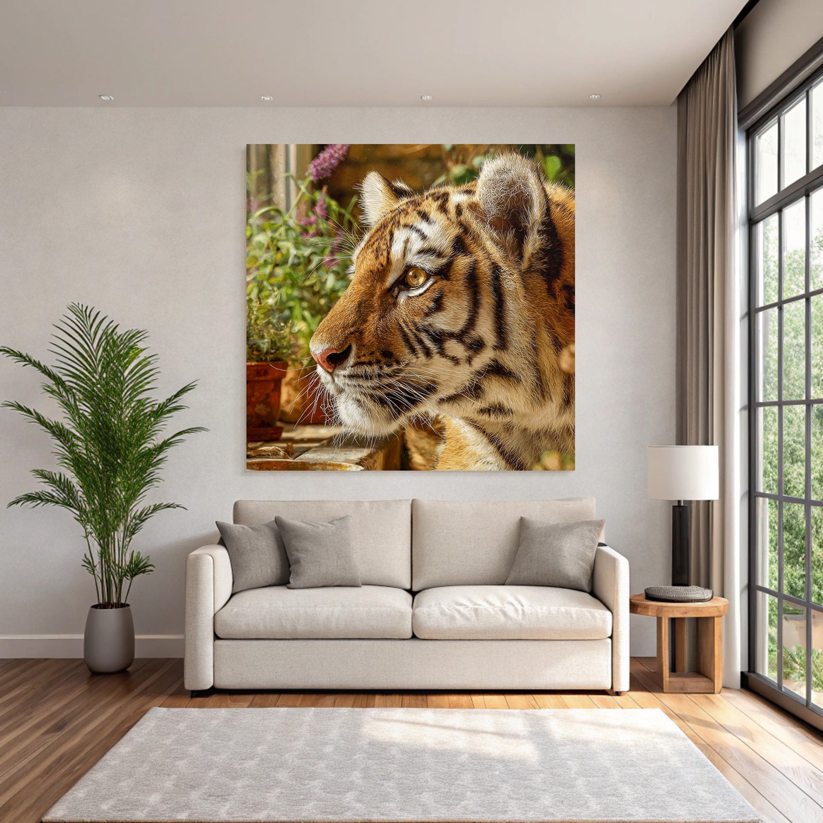 Tiger Porträt Mit Streifen Und Grünen Pflanzen