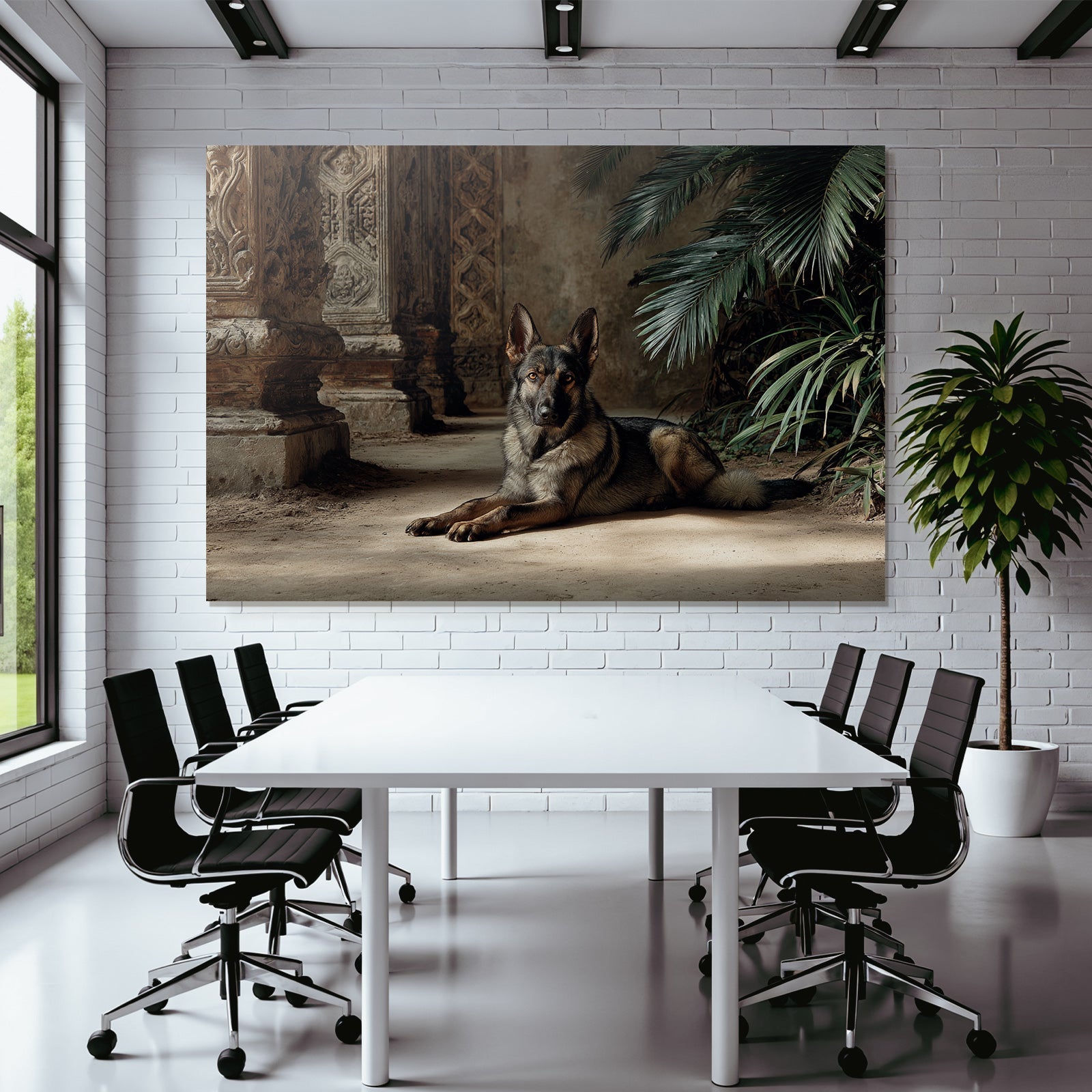 Deutscher Schäferhund In Architektonischer Umgebung Mit Grünem Hintergrund