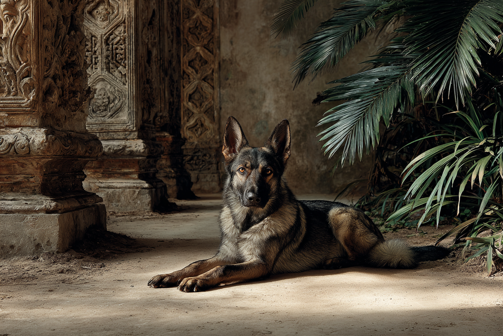 Deutscher Schäferhund In Architektonischer Umgebung Mit Grünem Hintergrund | Katzen und Hunde | Tiere