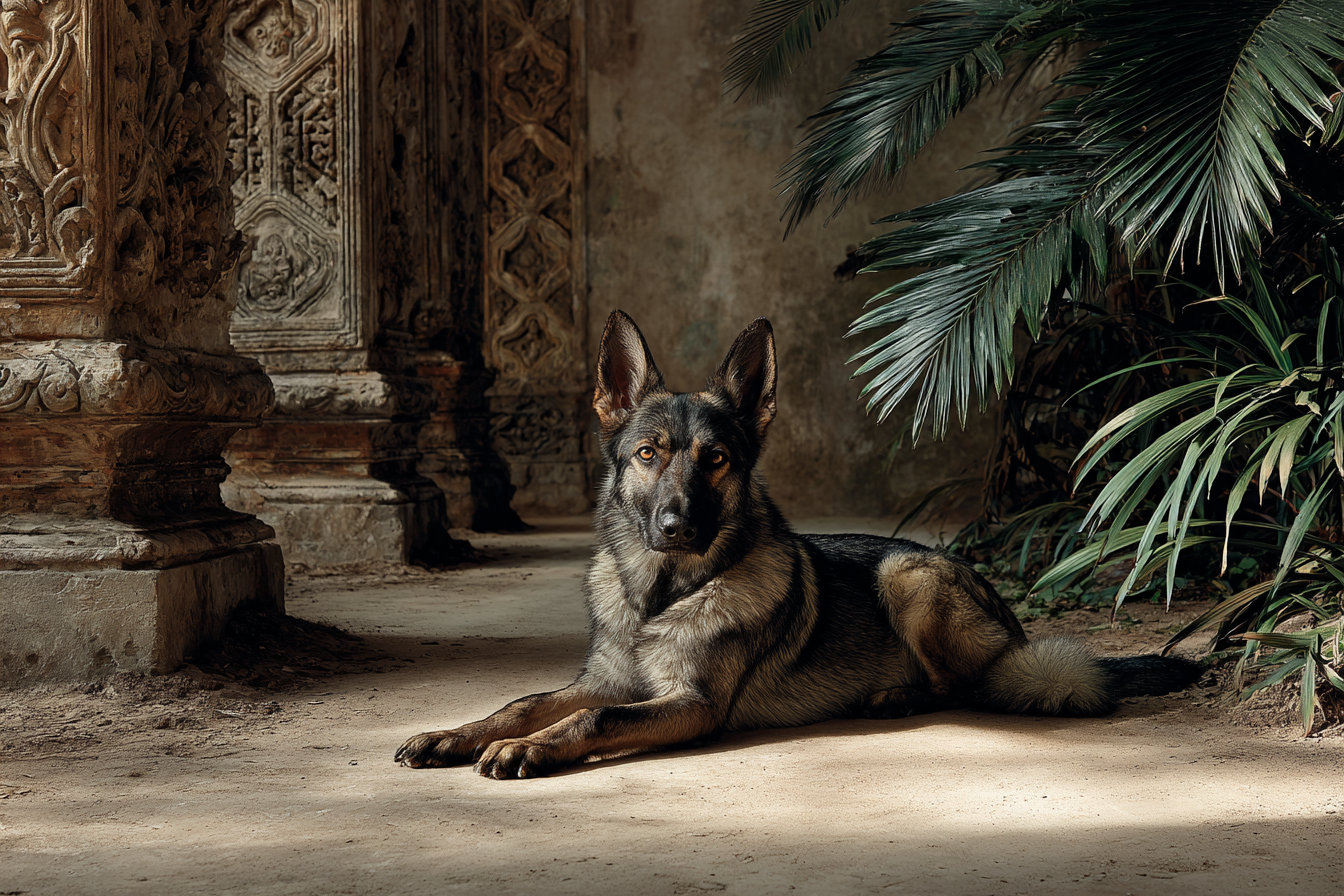 Deutscher Schäferhund In Architektonischer Umgebung Mit Grünem Hintergrund | Katzen und Hunde | Tiere