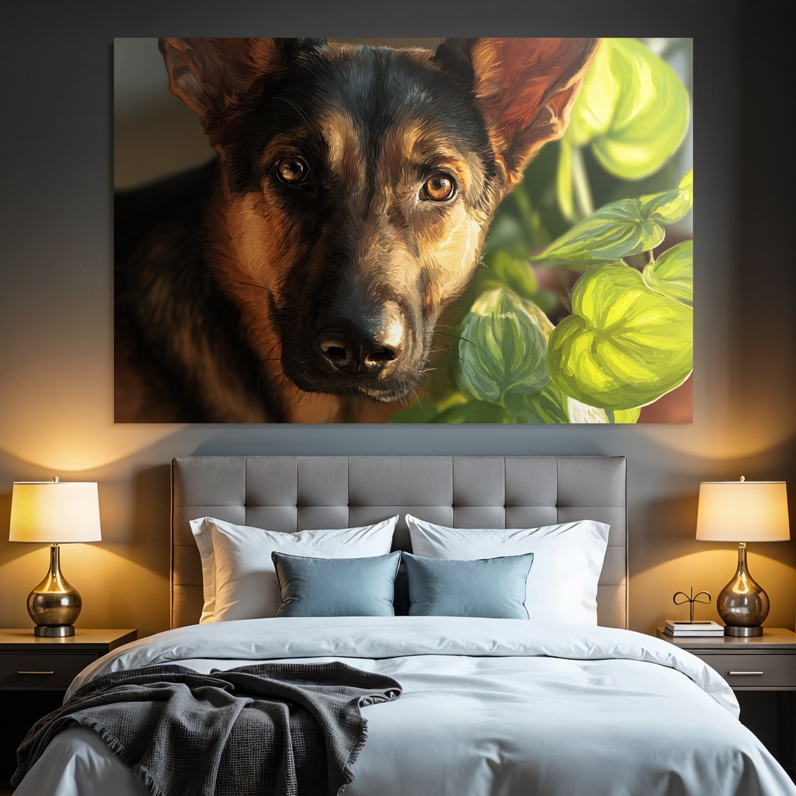 Deutscher Schäferhund Mit Grünen Pflanzen Hintergrund