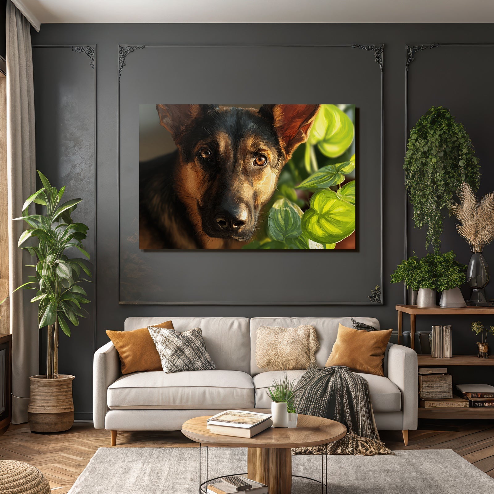 Deutscher Schäferhund Mit Grünen Pflanzen Hintergrund