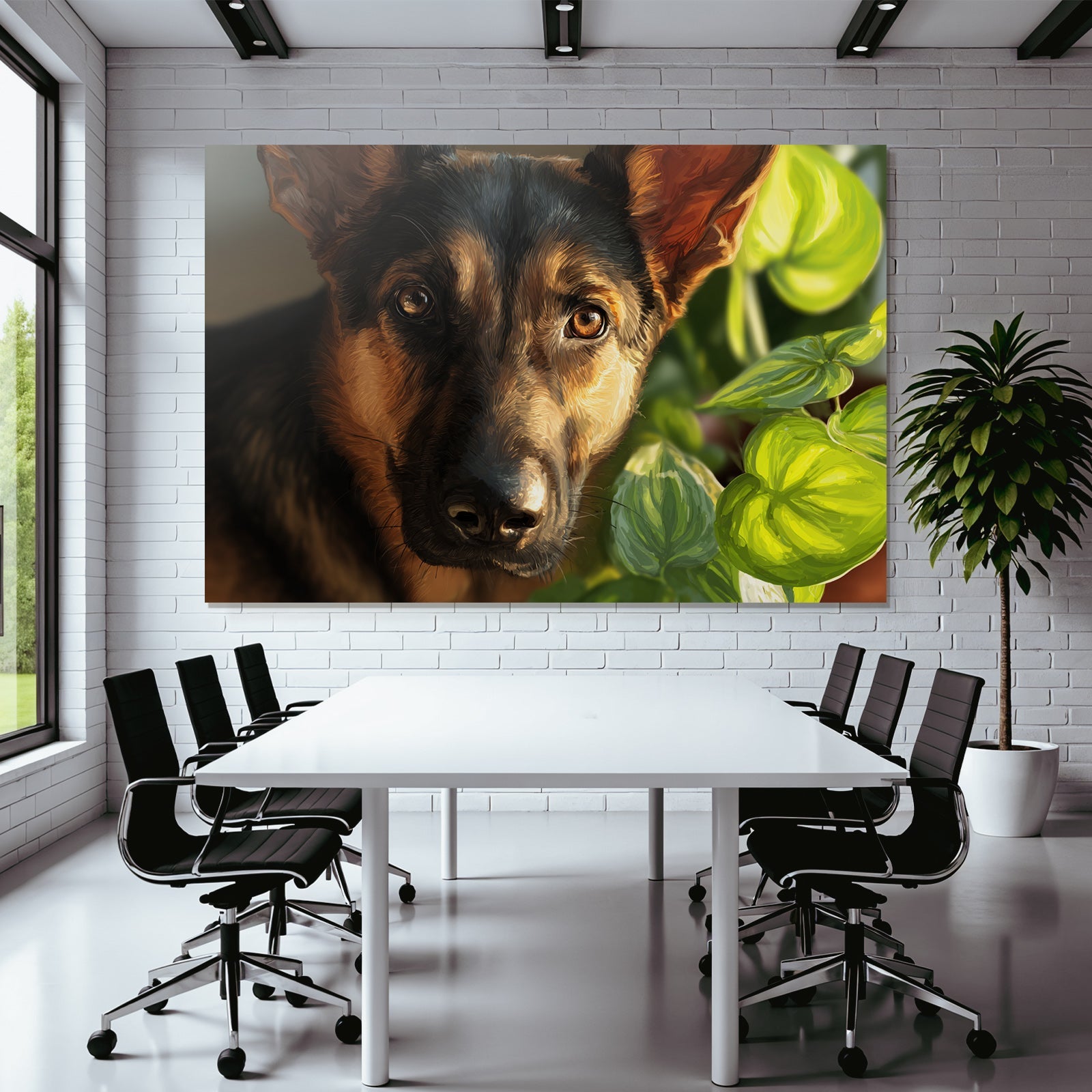 Deutscher Schäferhund Mit Grünen Pflanzen Hintergrund