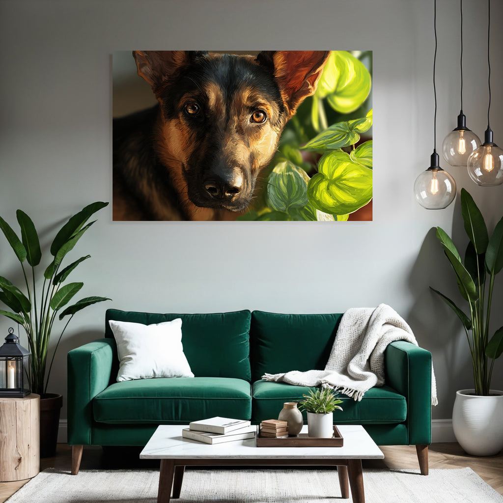 Deutscher Schäferhund Mit Grünen Pflanzen Hintergrund