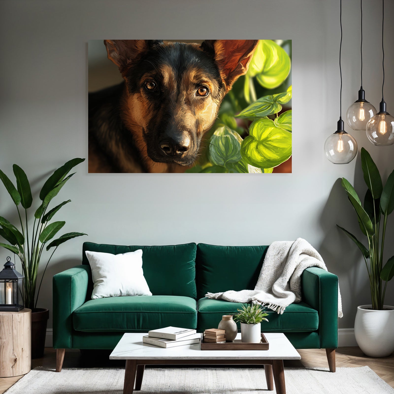 Deutscher Schäferhund Mit Grünen Pflanzen Hintergrund