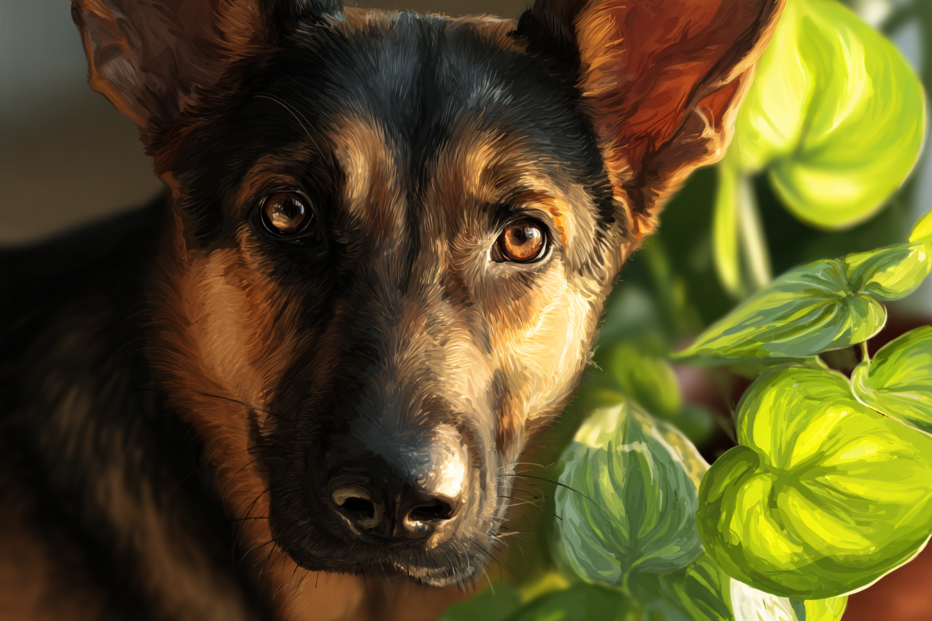 Deutscher Schäferhund Mit Grünen Pflanzen Hintergrund | Katzen und Hunde | Tiere