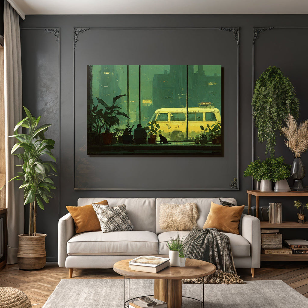 Fensterblick Silhoütte Mit Cat Und Baum Van In Stadt Atmosphäre