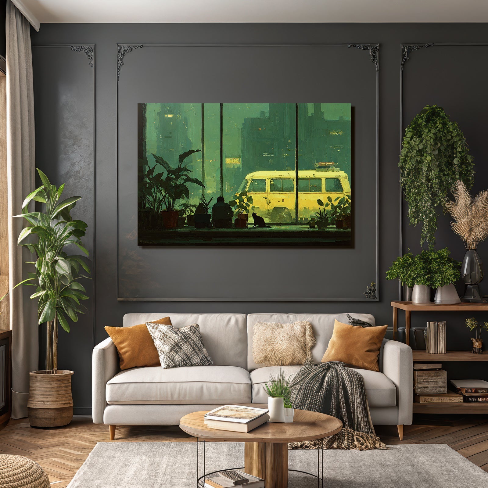 Fensterblick Silhoütte Mit Cat Und Baum Van In Stadt Atmosphäre