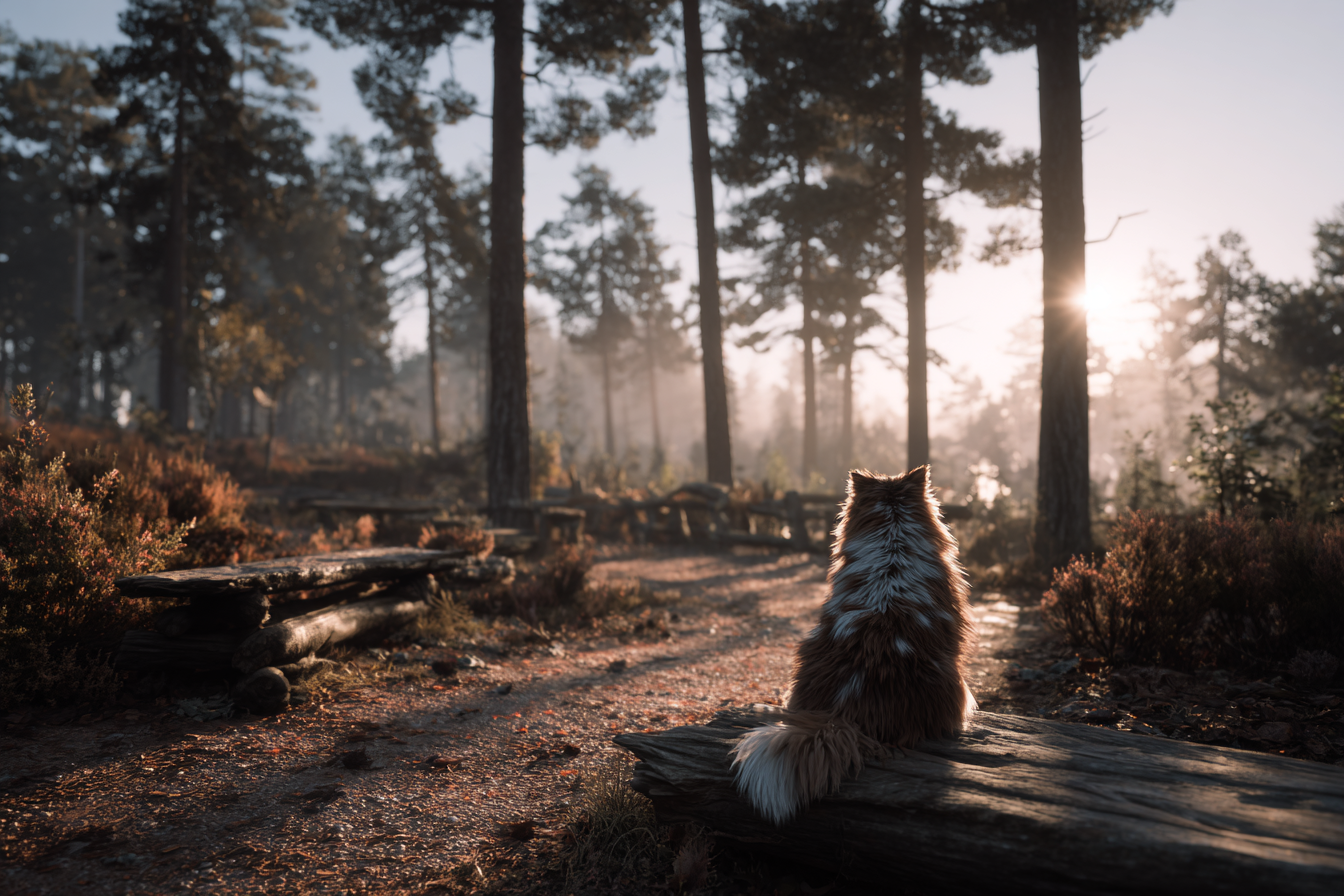 Friedlicher Wald Sonnenaufgang Katze Auf Stamm | Katzen und Hunde | Tiere