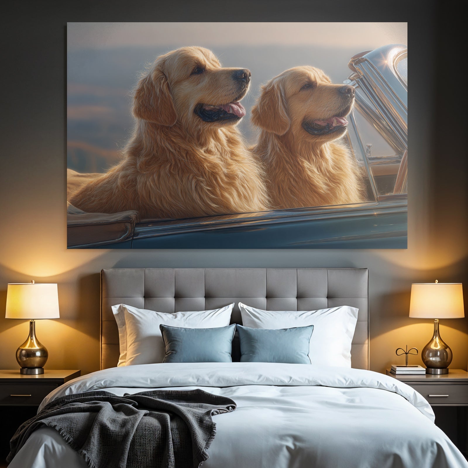 Golden Retriever Auto Sonnenuntergang Aussicht Spielerisch Entspannt