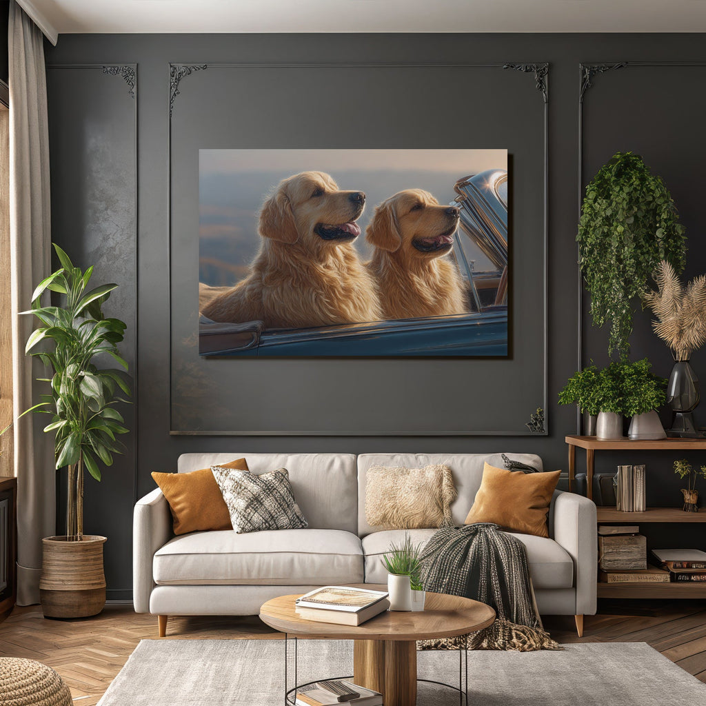 Golden Retriever Auto Sonnenuntergang Aussicht Spielerisch Entspannt