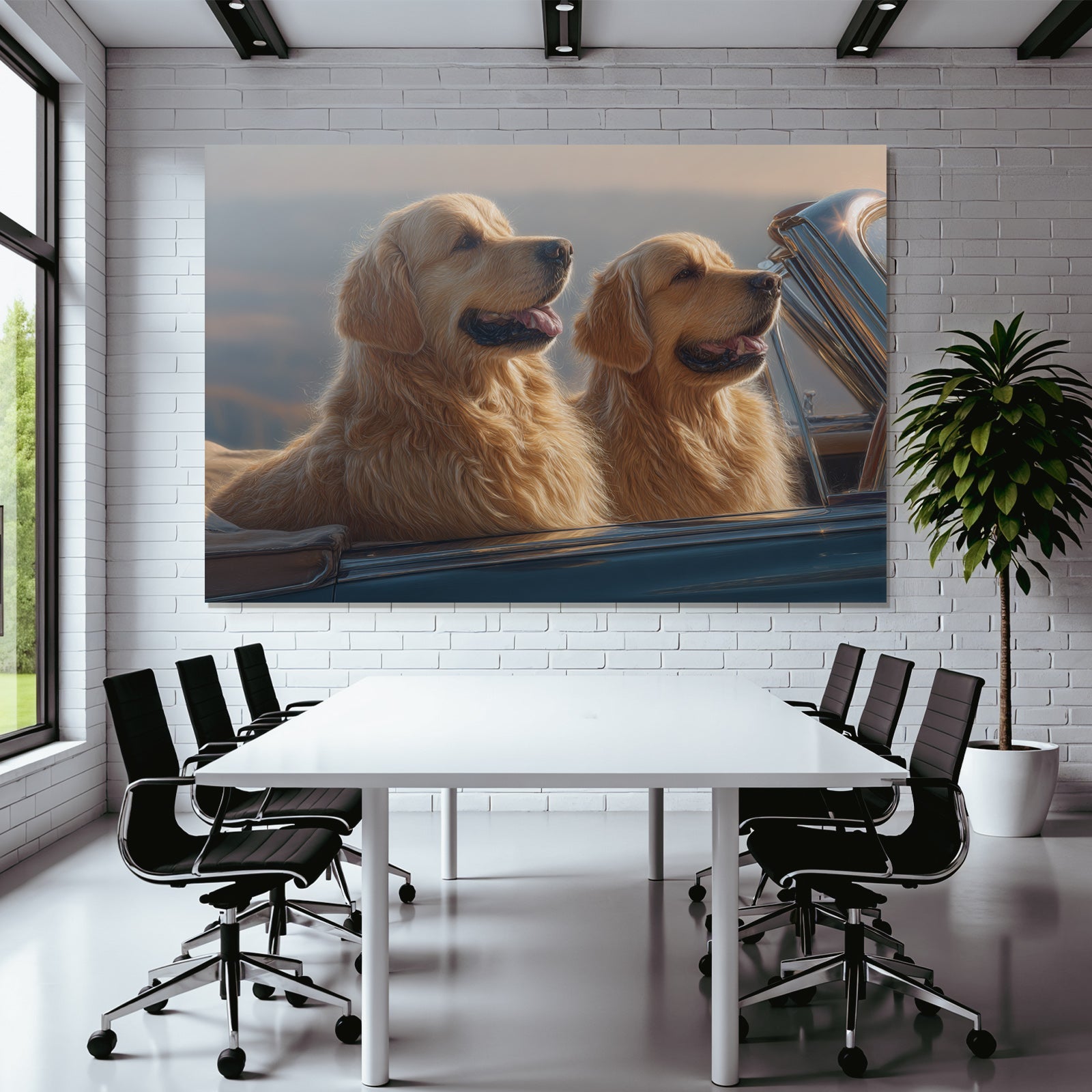 Golden Retriever Auto Sonnenuntergang Aussicht Spielerisch Entspannt