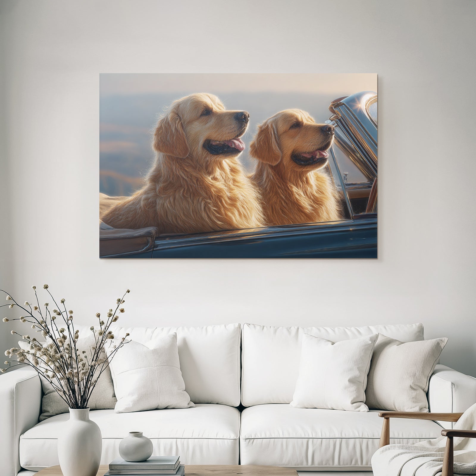 Golden Retriever Auto Sonnenuntergang Aussicht Spielerisch Entspannt