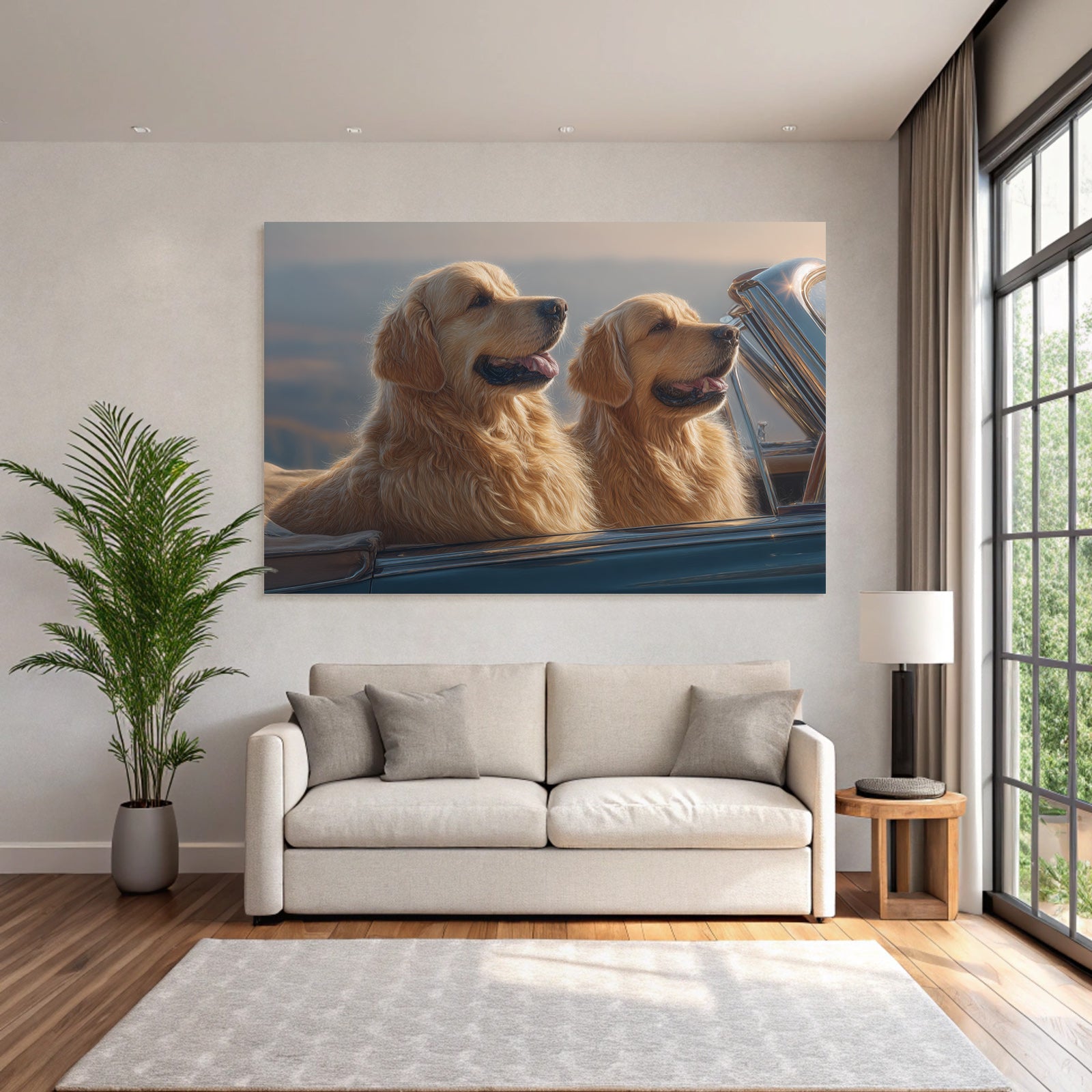 Golden Retriever Auto Sonnenuntergang Aussicht Spielerisch Entspannt