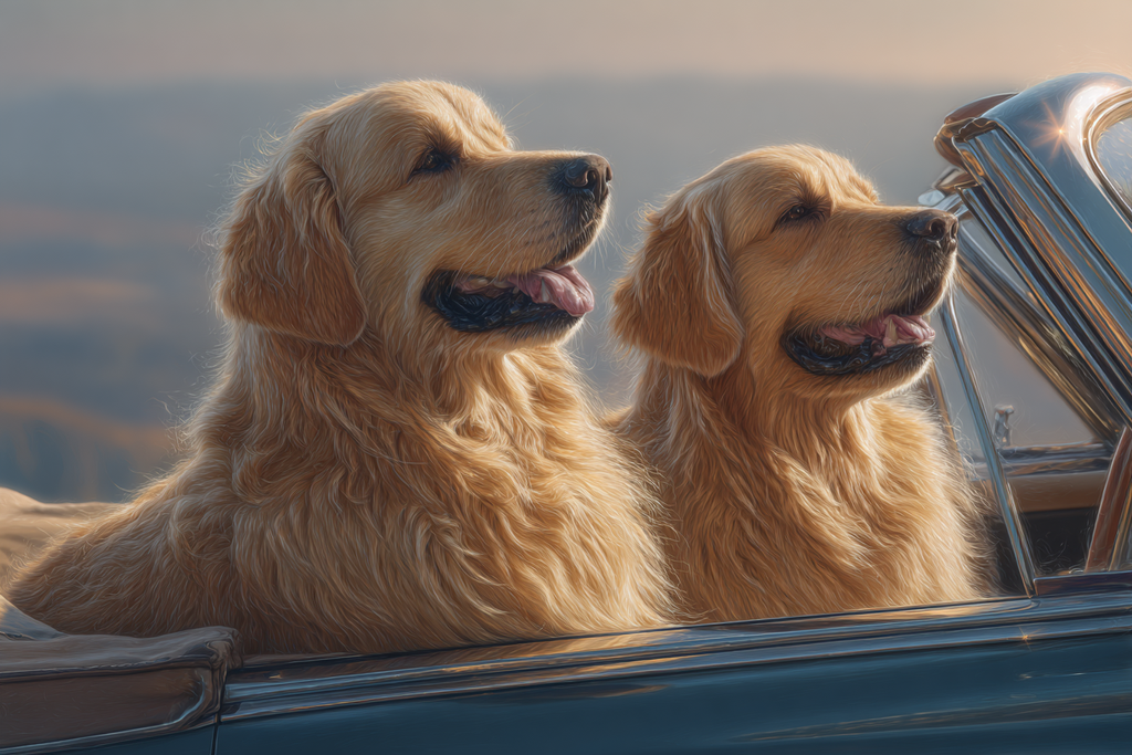 Golden Retriever Auto Sonnenuntergang Aussicht Spielerisch Entspannt | Katzen und Hunde | Tiere