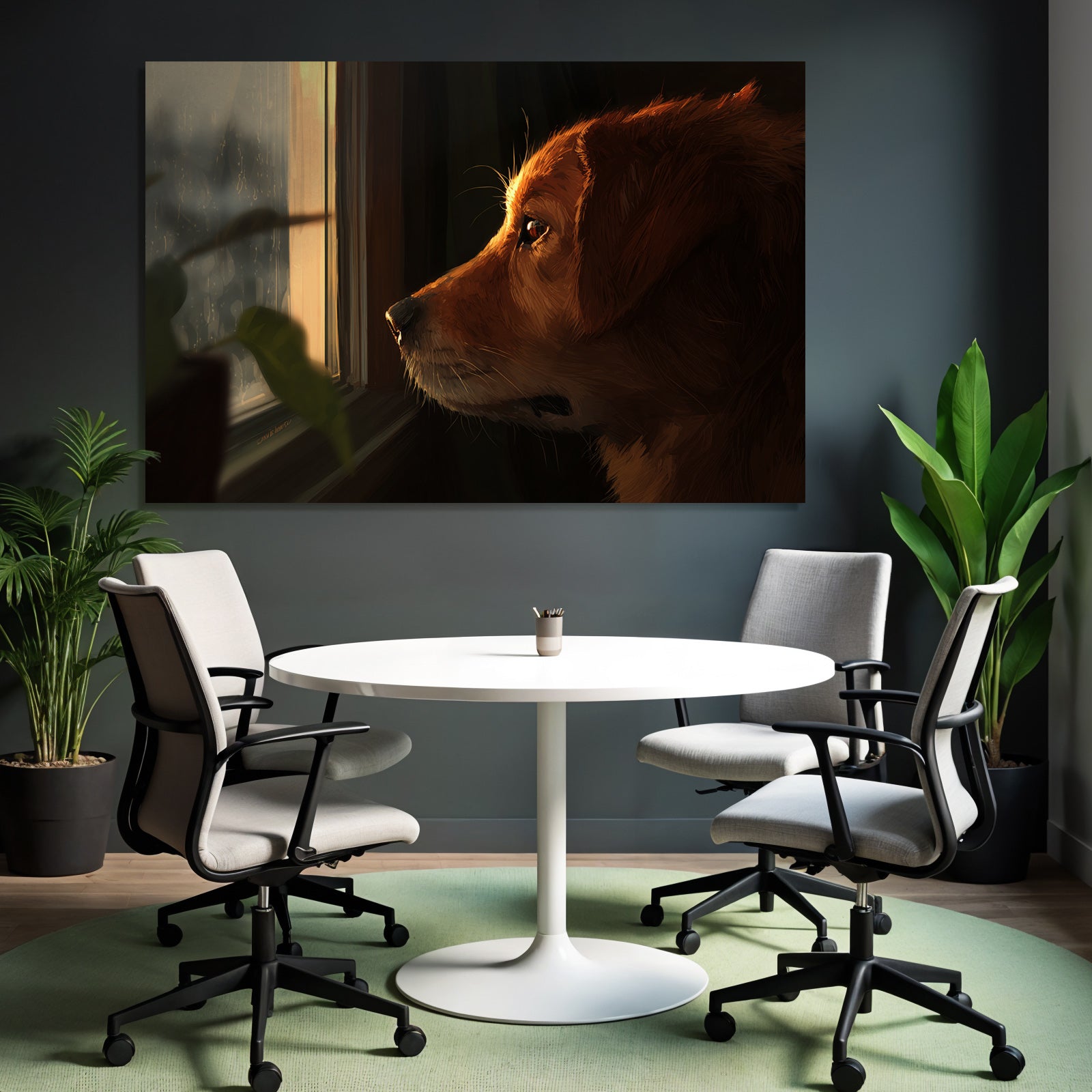 Golden Retriever Blickt Aus Dem Fenster Regnerischer Tag Gemütliche Atmosphäre