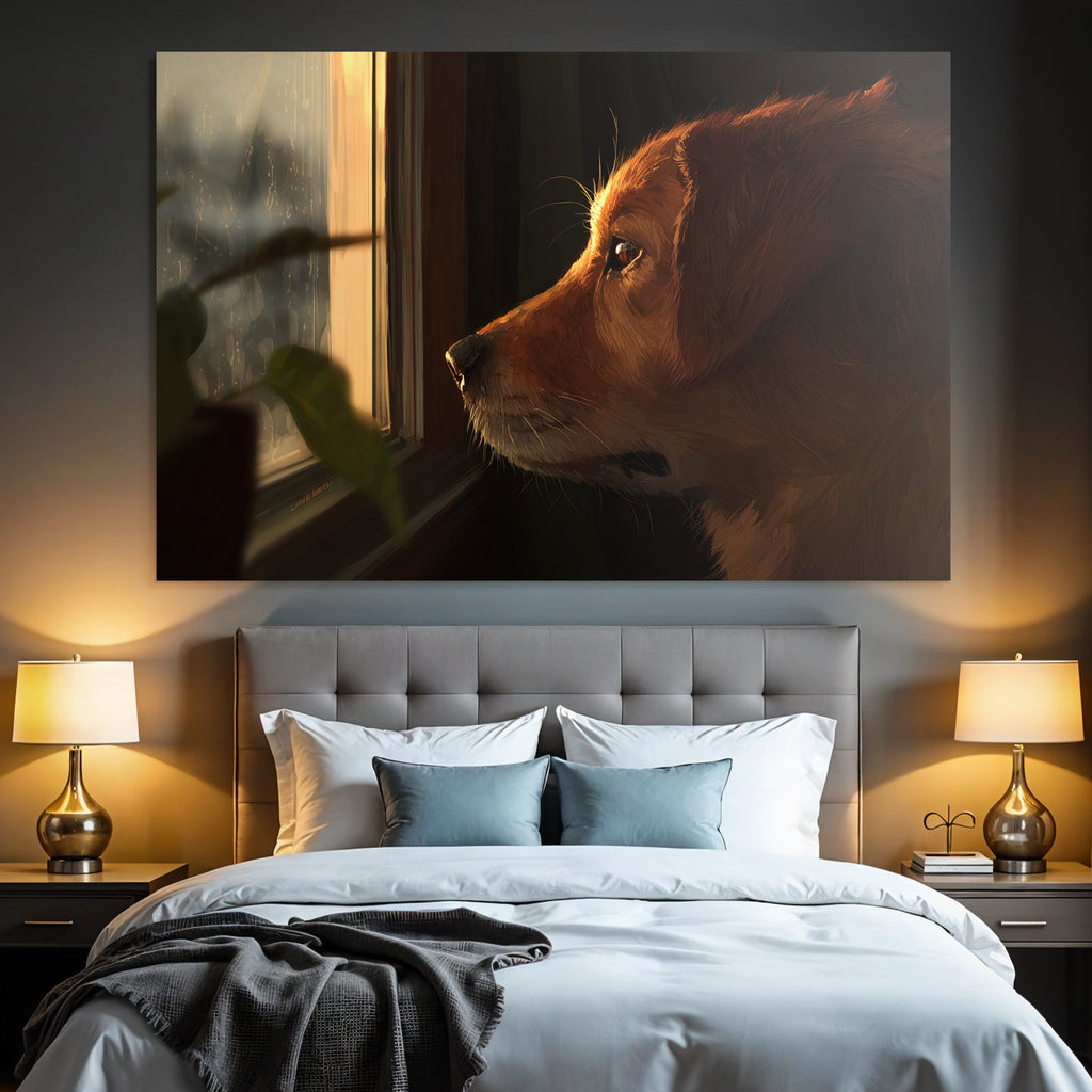 Golden Retriever Blickt Aus Dem Fenster Regnerischer Tag Gemütliche Atmosphäre