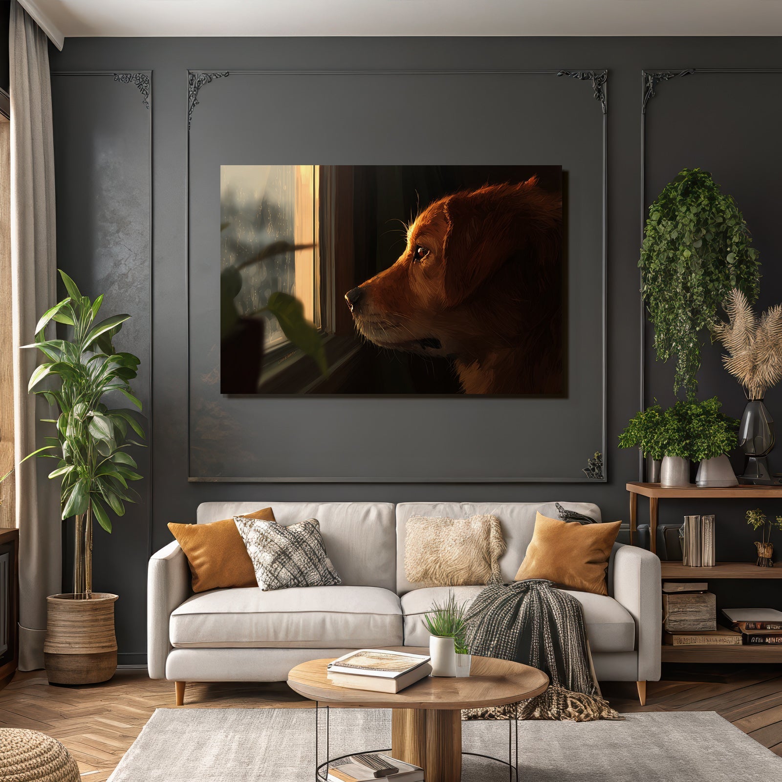 Golden Retriever Blickt Aus Dem Fenster Regnerischer Tag Gemütliche Atmosphäre